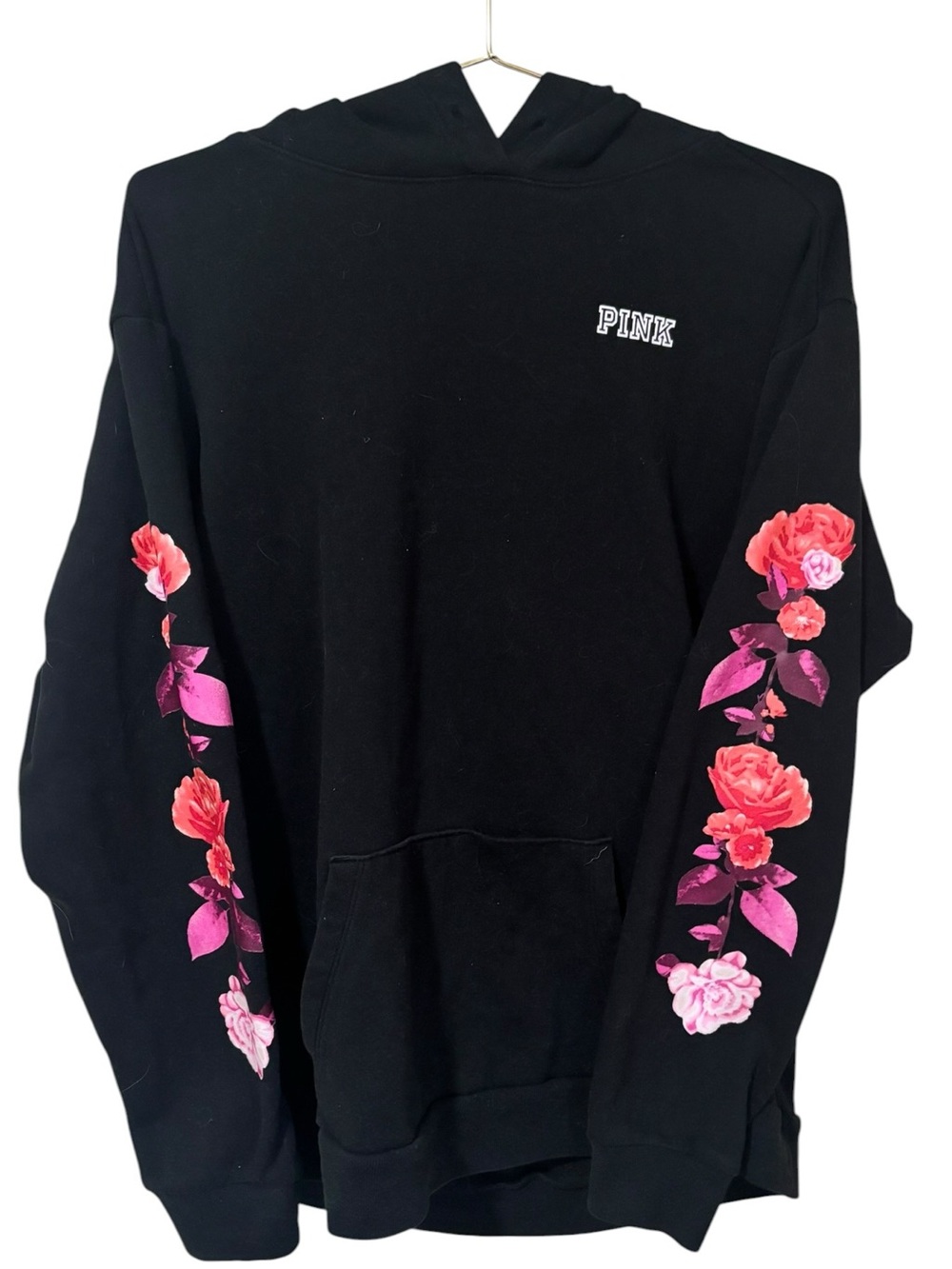 PINK Victoria’s Secret Black Floral Sleeve Graphic Pullover Hoodie